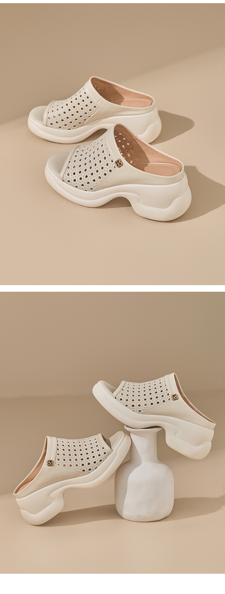 Dép sandal nữ da bò đục lỗ đế bánh xốp dày gót cao nhẹ — màu trắng ngà chi tiết 11
