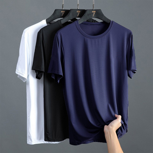 Sports Short Sleeve T-Shirt Summer Breathable Quick-Dry Solid Color Casual Crew Neck Large Men's Silk Short Sleeve T-Shirt Men's Top