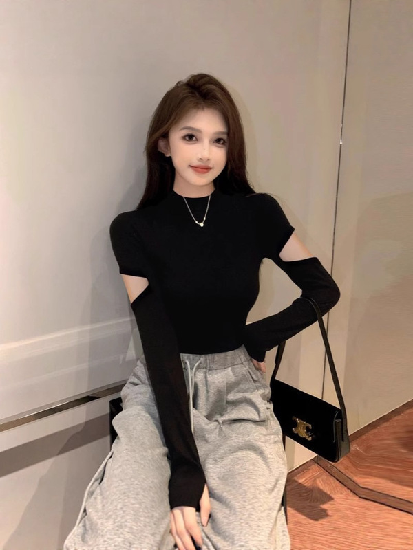 螺纹黑色半高领打底衫女春秋内搭设计感长袖t恤针织紧身短款上衣|undefined