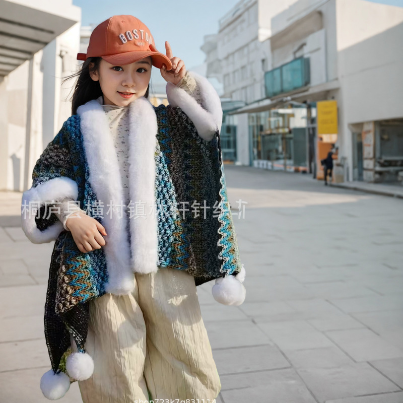 新しいエスニックスタイルの子供用毛皮の襟ショールカジュアルアウターウェア雲南新疆旅行の必需品女性用の暖かく厚みのあるマント|undefined