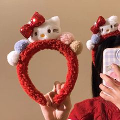 アニメかわいい赤いkitty猫が顔を洗ってかわいい髪バンドの髪飾り秋冬毛飾りカード
