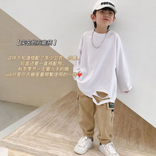 宝宝棉长袖男女童亲子装破洞打底衫2025春装新款长袖T恤儿童潮T