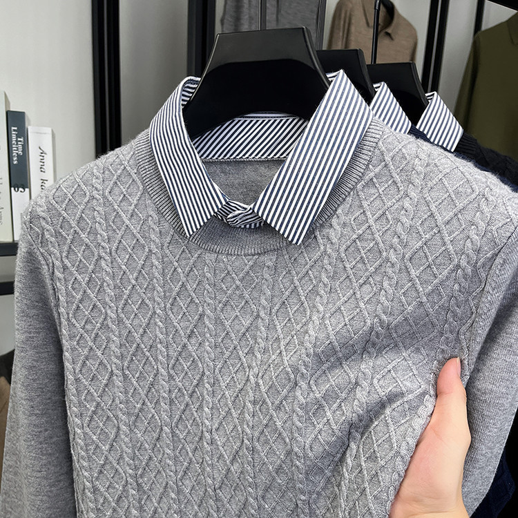 Falso de dos piezas Jacquard hombre otoño invierno nueva camiseta de manga larga camiseta de moda casual cuello cálido suéter base