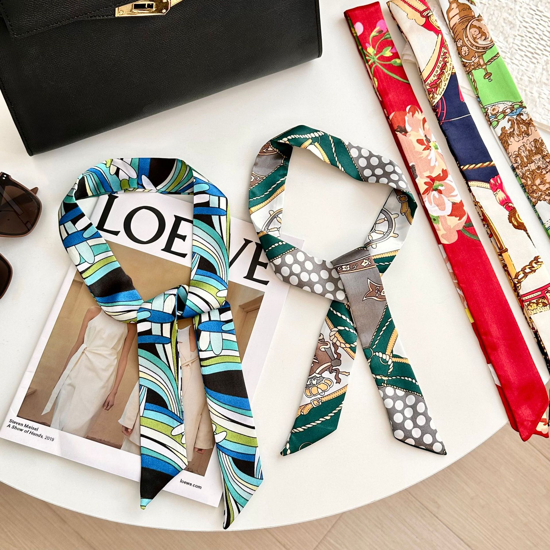 Bufanda de seda, tira larga, sentido de alta gama, nueva moda, todo-fósforo, diadema, cinturón para el cabello, bolso para el cabello, cinturón para el pañuelo multiusos