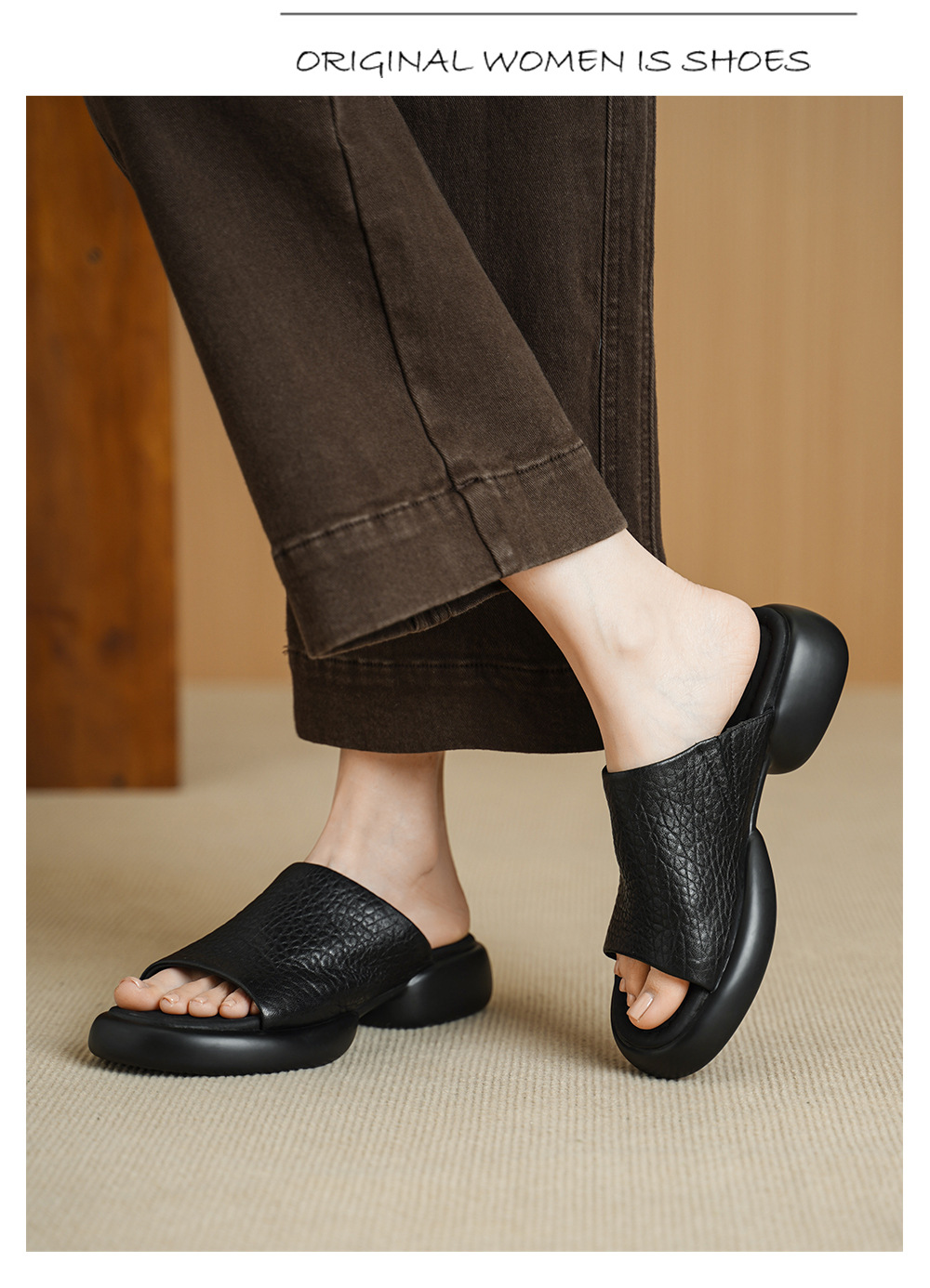 Dép sandal nữ quai chữ V đế dày da cừu khóa thắt lưng — đen chi tiết 9