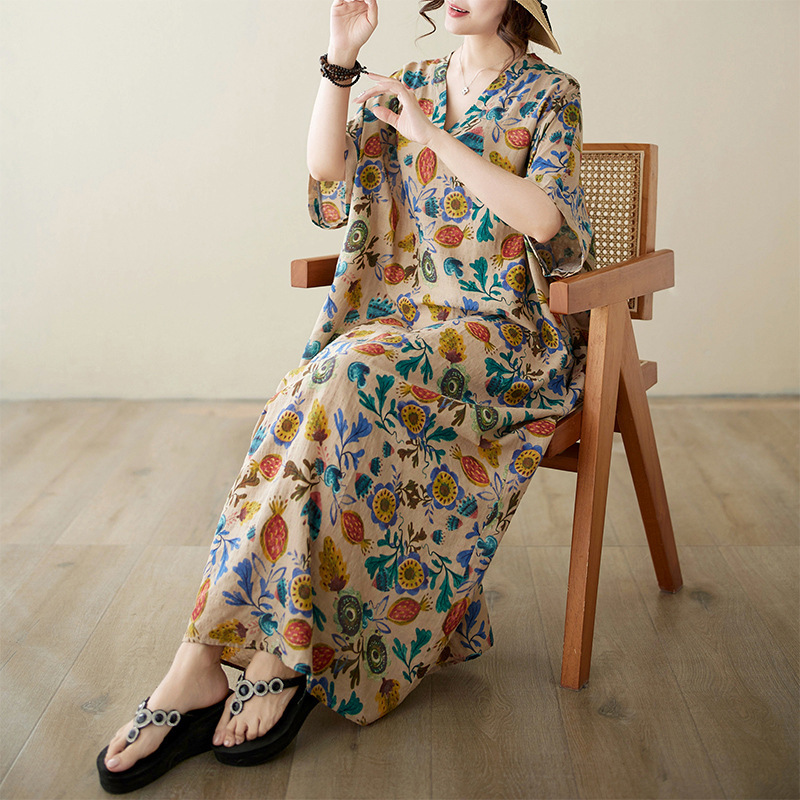 Summer Japanese and Korean New V-neck plus size Loose Artistic dress Printed Beach Dress Retro Meat Covering Long Gown Summer Japanese and Korean New V-neck plus size Loose Artistic dress Printed Beach Dress Retro Meat Covering Long Gown