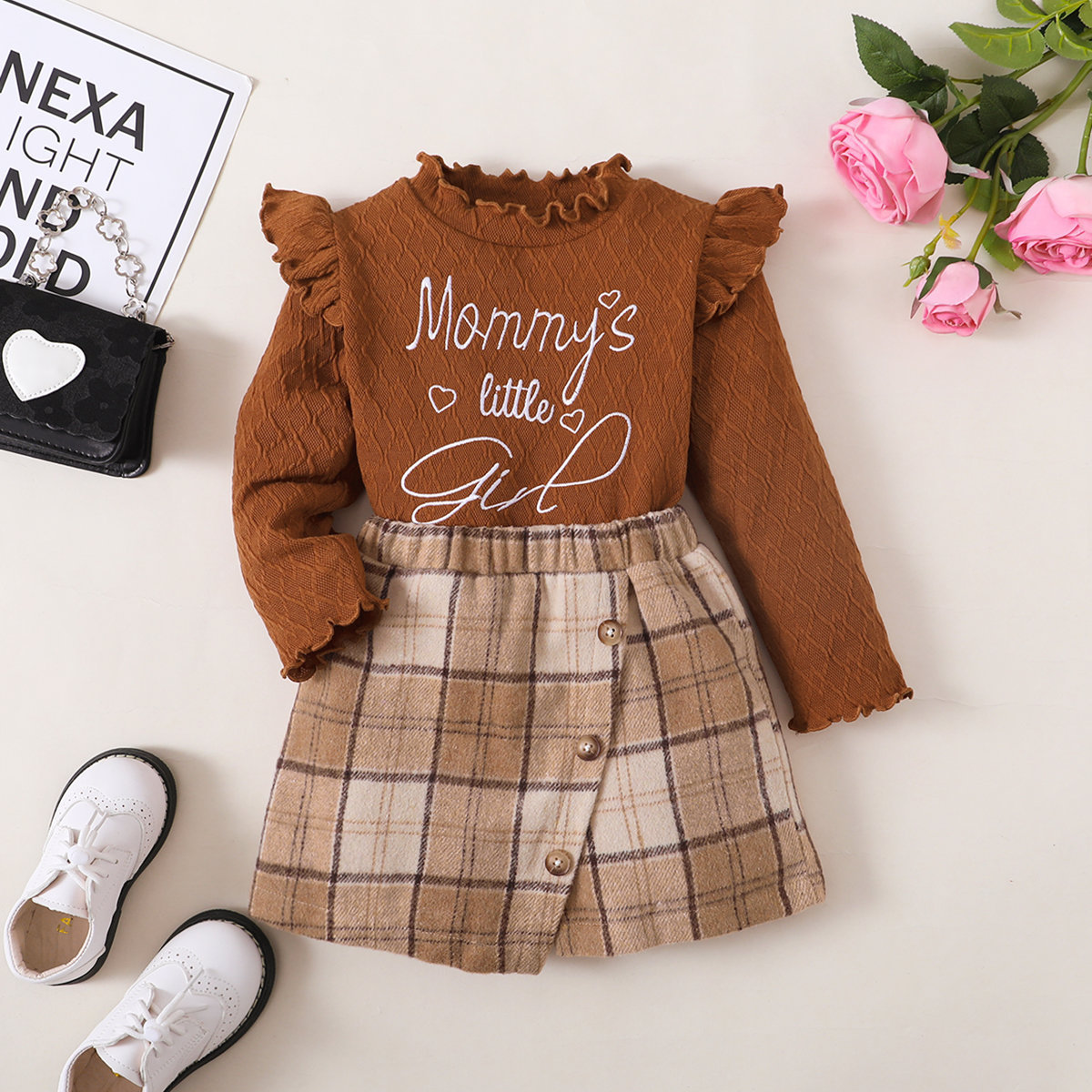 Conjunto de blusa y vestido para niñas, otoño-invierno, letras sólidas y cuadros