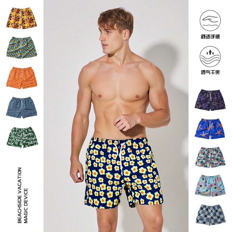 Pantalones de cuatro puntos con estampado de piel de melocotón para hombre de verano Pantalones de baño casuales de tamaño europeo Pantalones de playa de vacaciones de surf de secado rápido