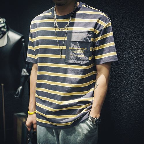 Trendy Summer Striped Short-Sleeve T-Shirt for Men, Loose Fit, Instagram-Worthy, Plus Size, Versatile Top – Perfect for Oversized Frames