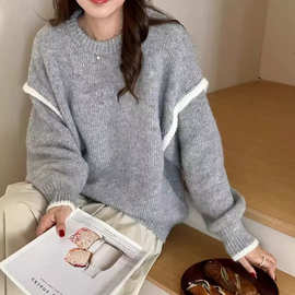 秋冬新款高级感撞色软糯套头毛衣女韩版宽松慵懒风圆领针织打底衫