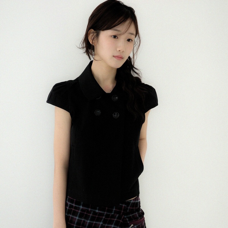 韓国女性のシックな夏のレトロな日本のニッチデザインダブルブレストかわいいパフスリーブ半袖シャツトップ|undefined