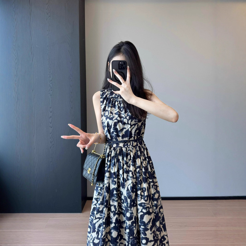 Mid-Year Benefits! High-Count Poplin Cotton M~Retro Elegant Digital Print Sleeveless Lace-Up Mid-Length Dress