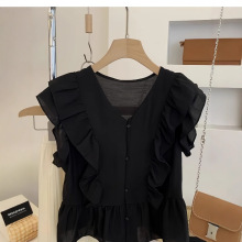 1688服装批发法式V领短款雪纺衫女新款减龄显瘦娃娃衫上衣跨境