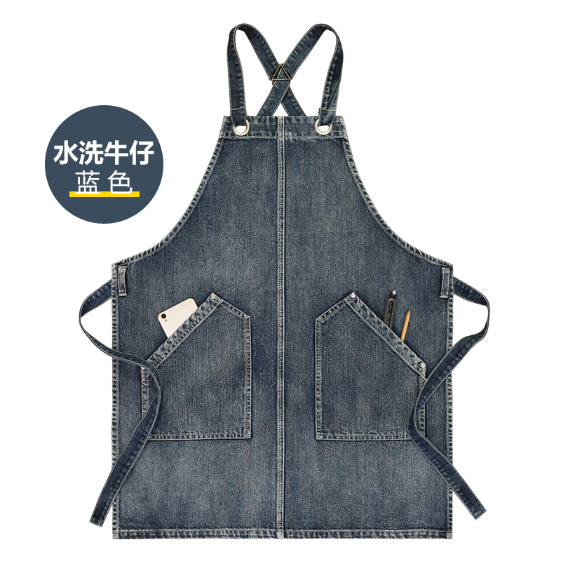 Comercio exterior puro algodón lavado delantal de mezclilla logotipo personalizado estudio arte estudiante restaurante ropa de trabajo delantal al por mayor personalizado