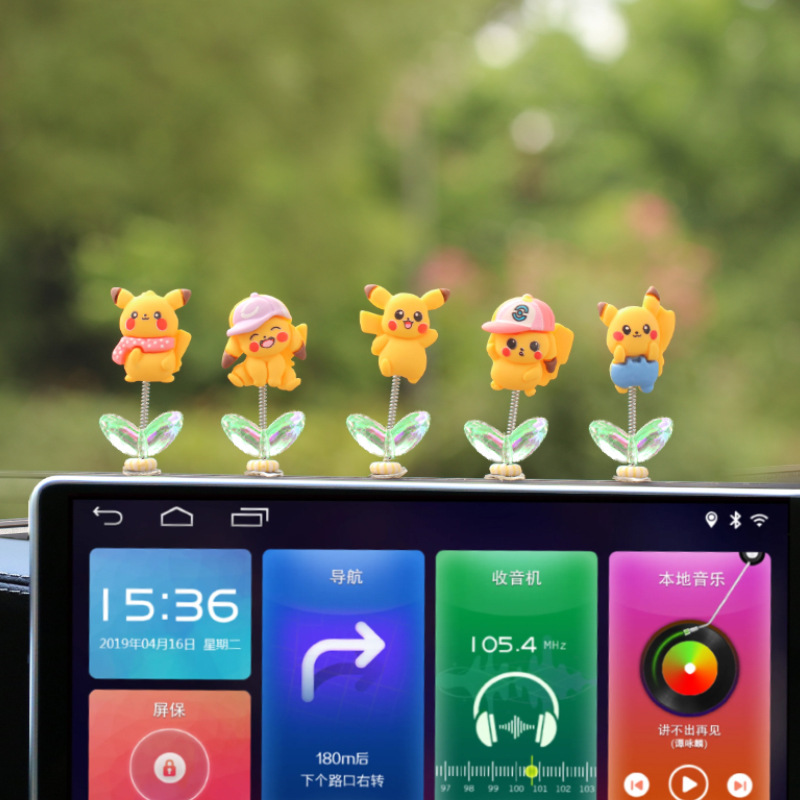 Nuevos adornos de coche de resina Pikachu, adornos de pantalla de navegación de consola central de coche de dibujos animados, adornos de movimiento de cabeza