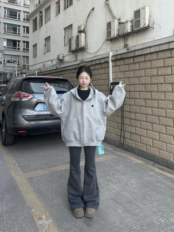 早秋韩系灰色连帽卫衣外套女秋季2025新款小个子宽松oversize上衣|undefined