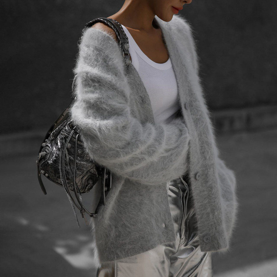 Áo cardigan len dệt kim giả lông chồn cổ V tay dài form rộng nữ — Màu hồng, Màu kaki, Màu trắng, Màu xám nhạt chi tiết 21