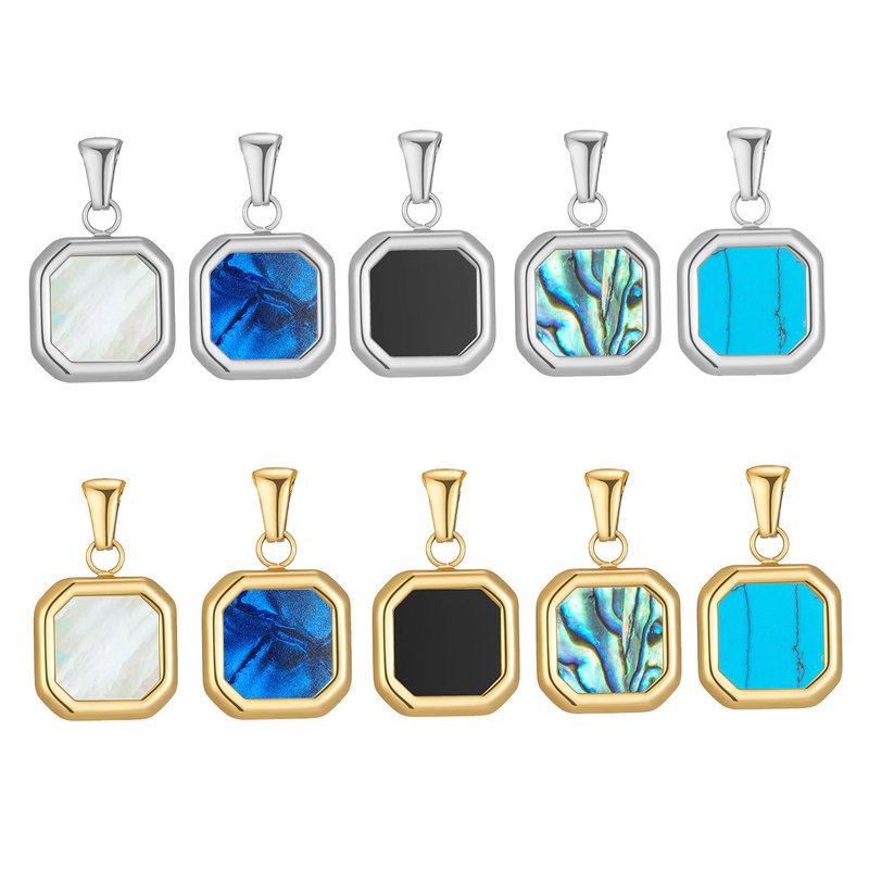 Cross-Border European and American New Products Stainless Steel Geometric Square 16mm Shell-Inlaid Turquoise Stainless Steel Pendant Necklace Wholesale