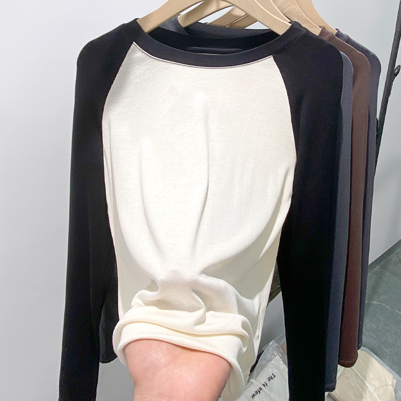 QY806 女性のラグラン Tシャツ女性の長袖黒スプライシングスリムトップ夏のホットガール Tシャツラウンドネックカジュアルウェア|undefined