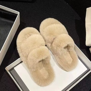 One-character thick-soled fluffy slippers for women's outerwear 2024 new Korean-style ins fashionable shoes for autumn and winter cotton slippers for spring and summer