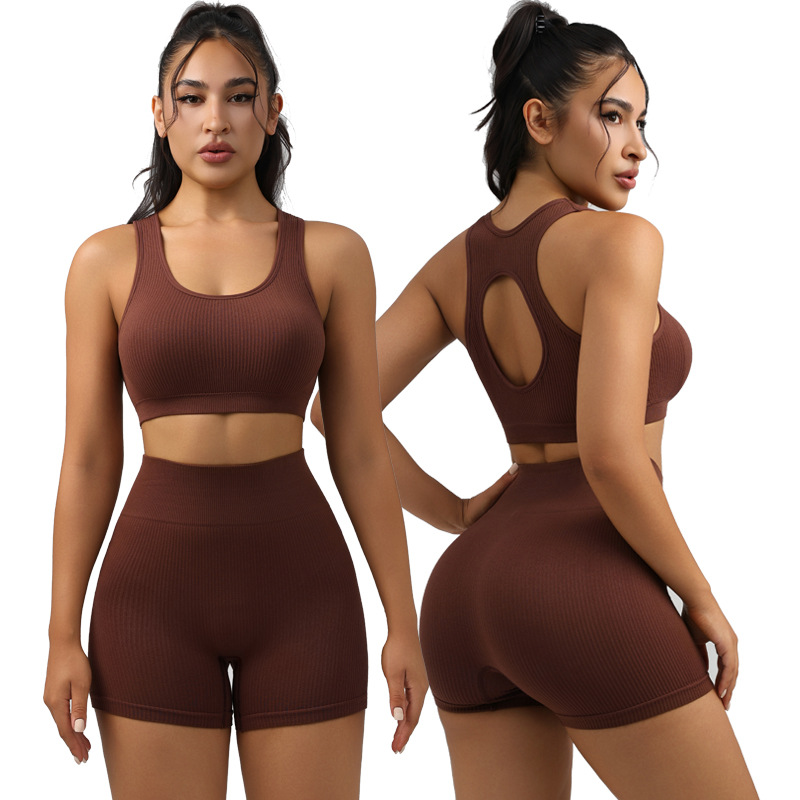 Bra apretado con cojín de pecho de rosca, yoga de cintura alta, melocotón de acondicionamiento físico, ropa deportiva de secado rápido, pantalones cortos.