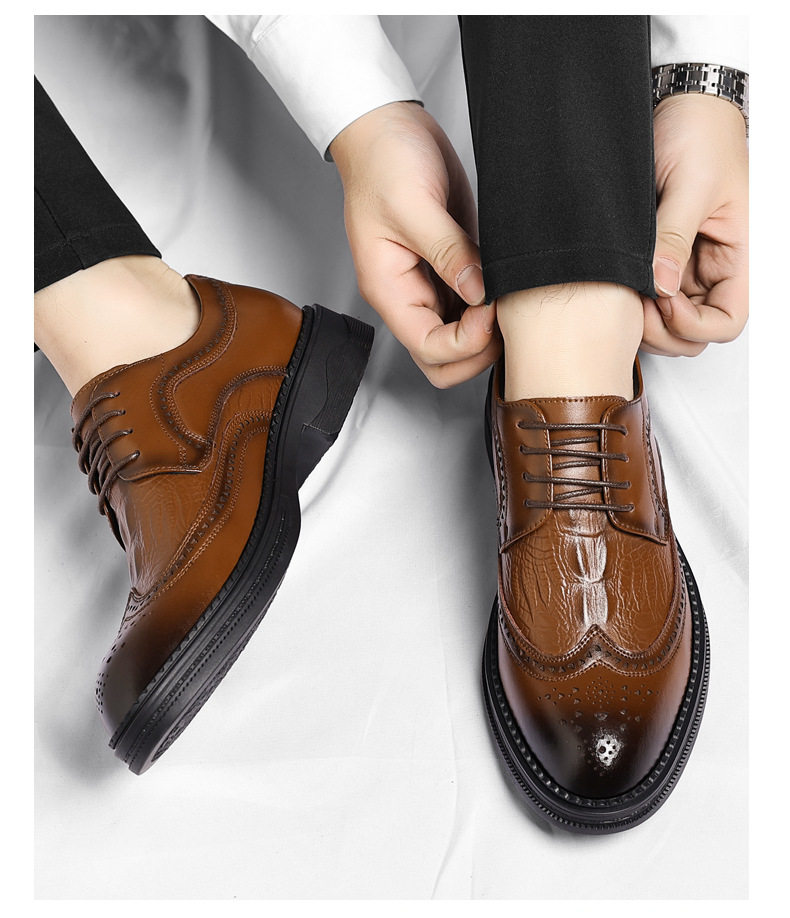 Giày da nam công sở da bò vân cá sấu mũi nhọn kiểu Brogue tăng chiều cao — Nâu công sở, Đen thời trang chi tiết 21