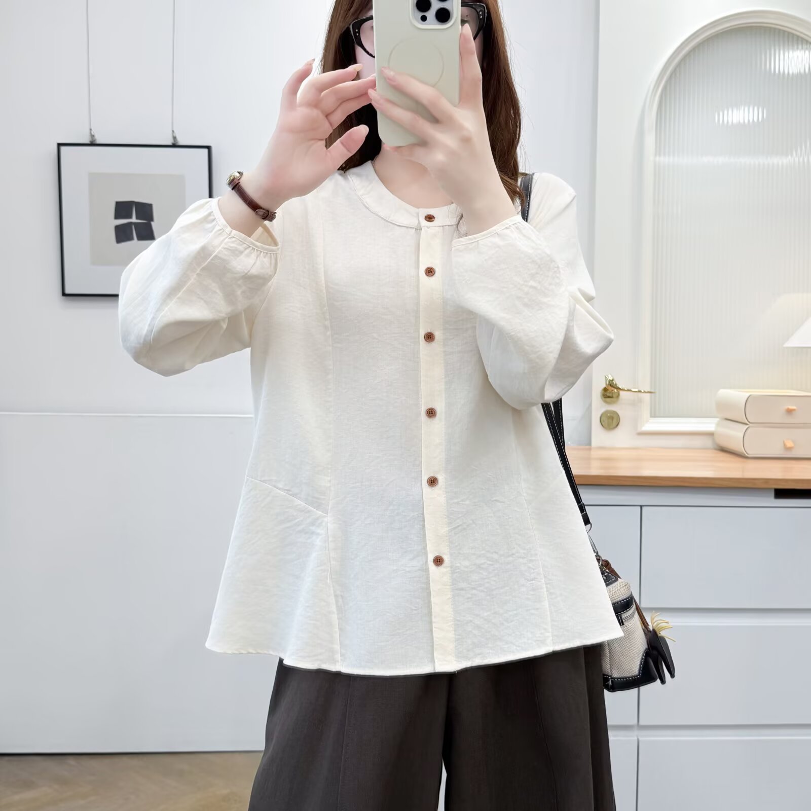 【Special】New autumn style for plus-size girls: simple, slimming, artistic long-sleeve blouse 100kg Plus-size top 0740
