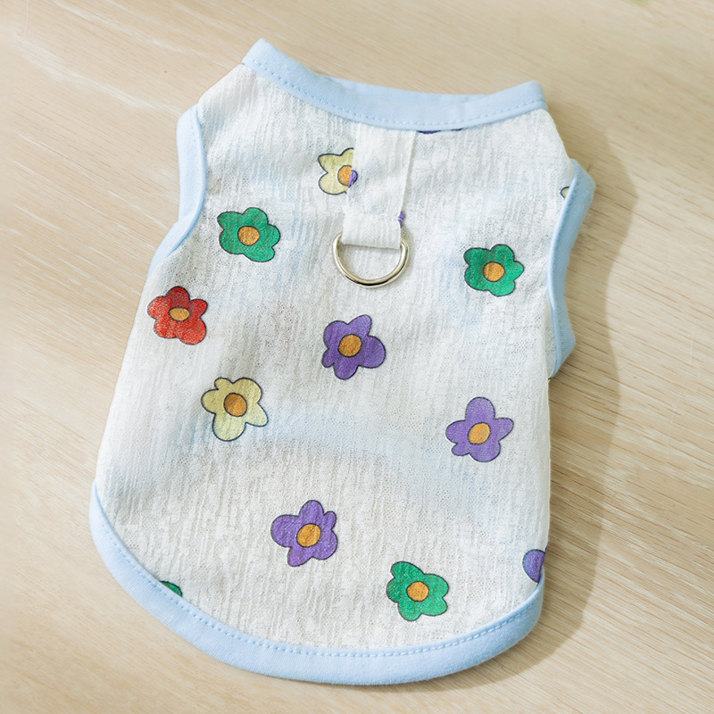 Primavera y verano perro transpirable verano lindo chaleco de remolque de malla de flores de impresión completa perro pequeño gato ropa para mascotas