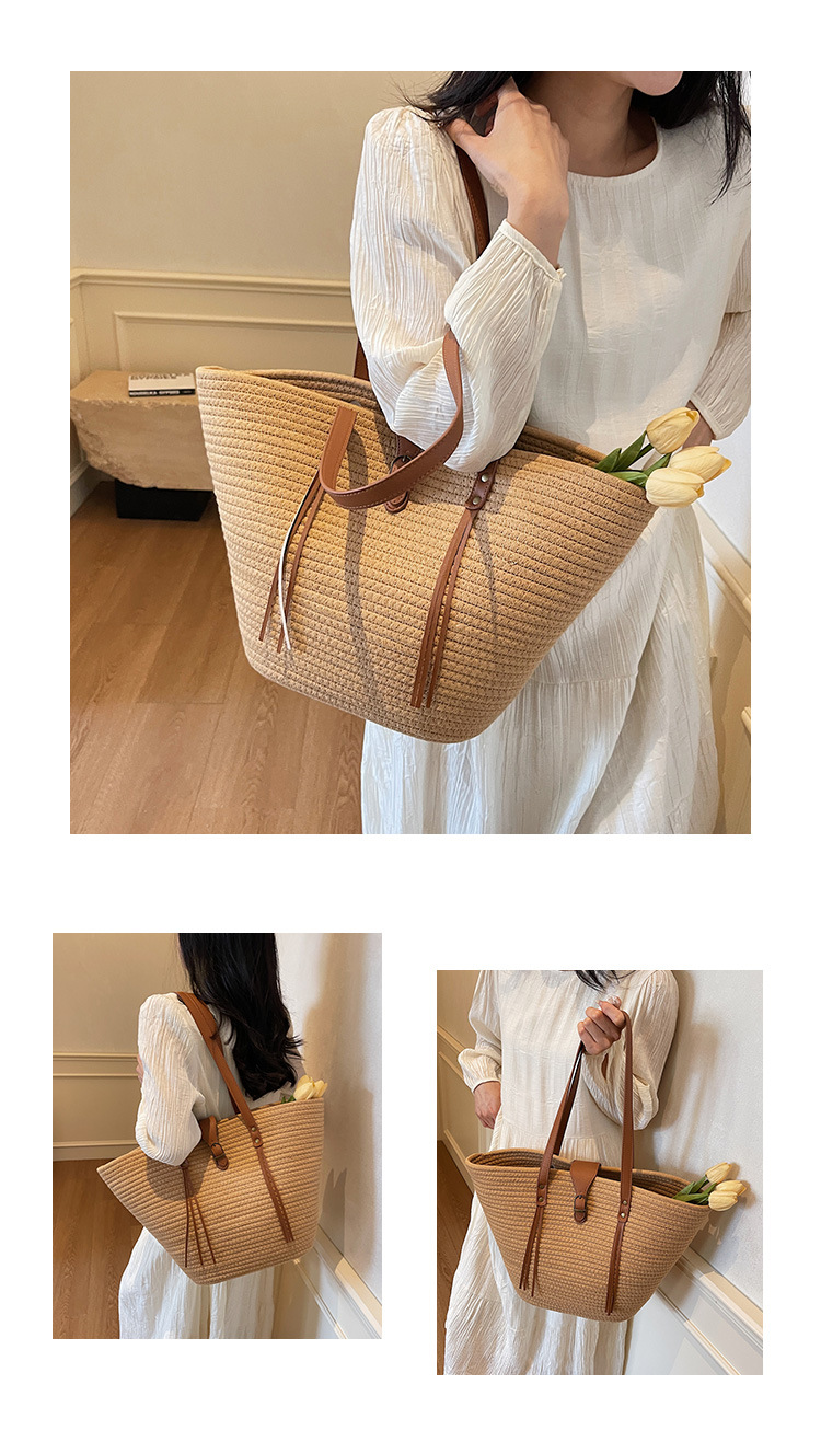 1125g Weight Weave Fashion Element Lock clasp Closure Type Double Shoulder Straps Strap Type Straw Bag Bags Type Casual Occasion cotton rope Material Solid Color Pattern Spring&Summer Season Women's Gender Beach Style Bucket Shape Large Size Women's Large Cotton Rope Solid Color Beach Weave Bucket Lock Clasp Straw Bag 2