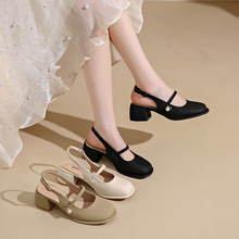2025春圆头粗跟中跟玛丽珍女凉鞋pu面橡胶底正装通勤鞋时尚单鞋