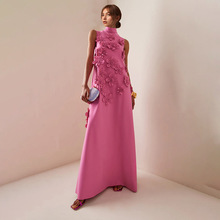 气质优雅风立领无袖纯色长裙2024新款立体花朵拼贴设计长款连衣裙