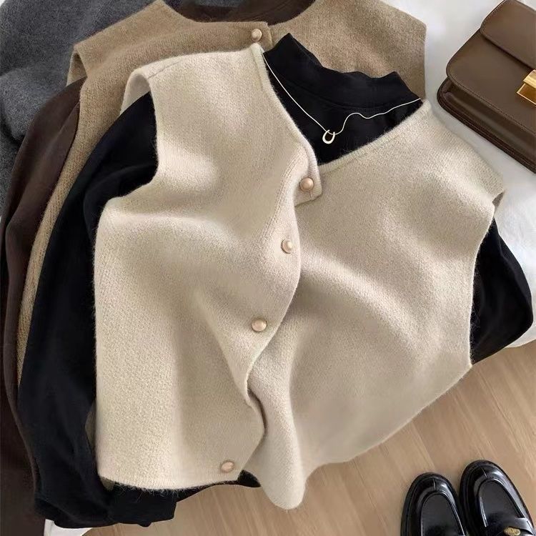 Suave línea de una sola fila de botones de oro de cuello redondo chaleco de punto Cardigan chaleco de hombro de mujer coreana sin mangas chaleco de camisa