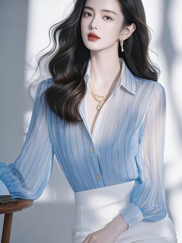 ブルーシャツ2025新作春服高級感軽豪華減齢洋気重要な場合フランスストライプ上着女|undefined