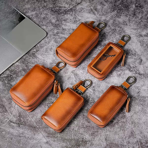 Cross-border universal leather car key case retro oil wax leather double zipper door key car key protective cover