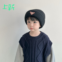 儿童针织帽冬新款韩版潮字母标洋气宝宝保暖帽子男女童护耳毛线帽