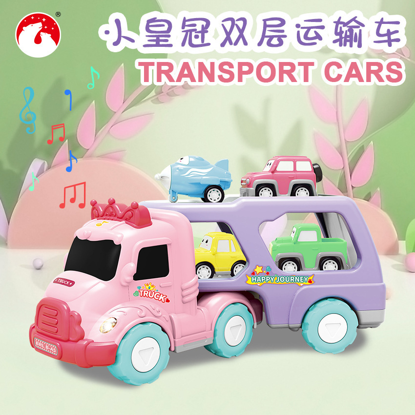 Cross-Border Popular Children's Car Truck Girl Toy Set Sound and Light Small Crown Double-Decker Transport Truck Toys Wholesale