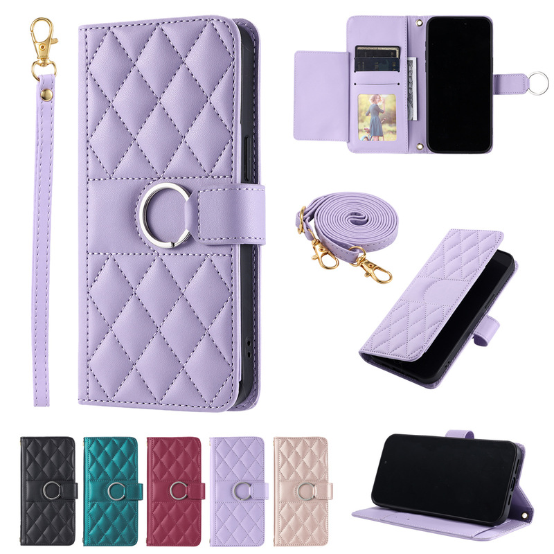 Suitable for Apple 16 Pro Max Crossbody Ring Buckle Houndstooth iPhone 15 Card Phone Leather Case Suitable for Apple 16 Pro Max Crossbody Ring Buckle Houndstooth iPhone 15 Card Phone Leather Case