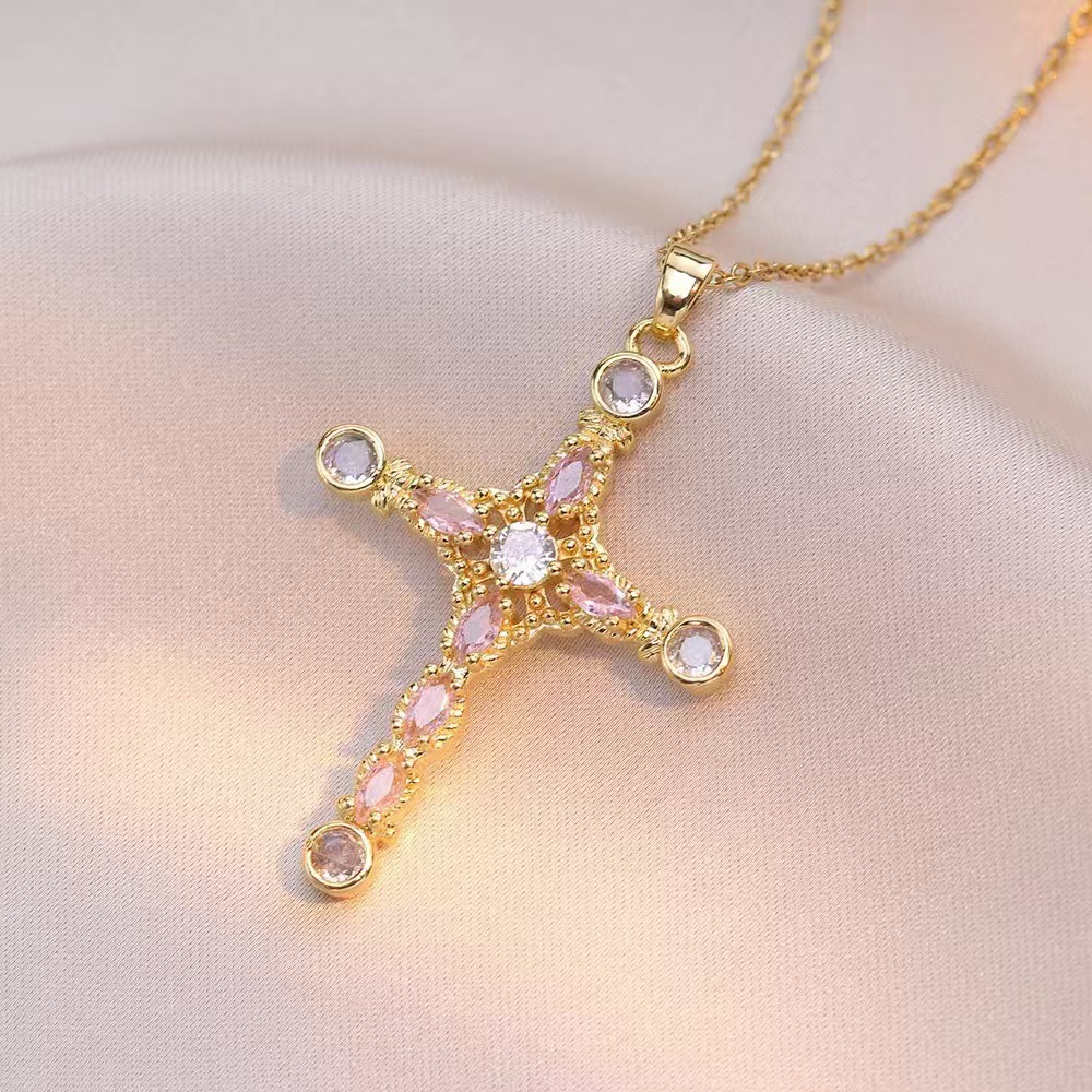 Wholesale Jewelry Shiny Cross Titanium Steel Zircon Inlay Pendant Necklace Cable Chain display picture 27