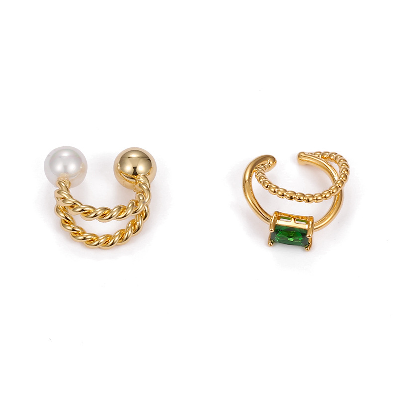Latón 18K oro real/ZIRCON con incrustaciones de moda europea y americana ronda Twist doble línea perla earless oído hueso clip femenino