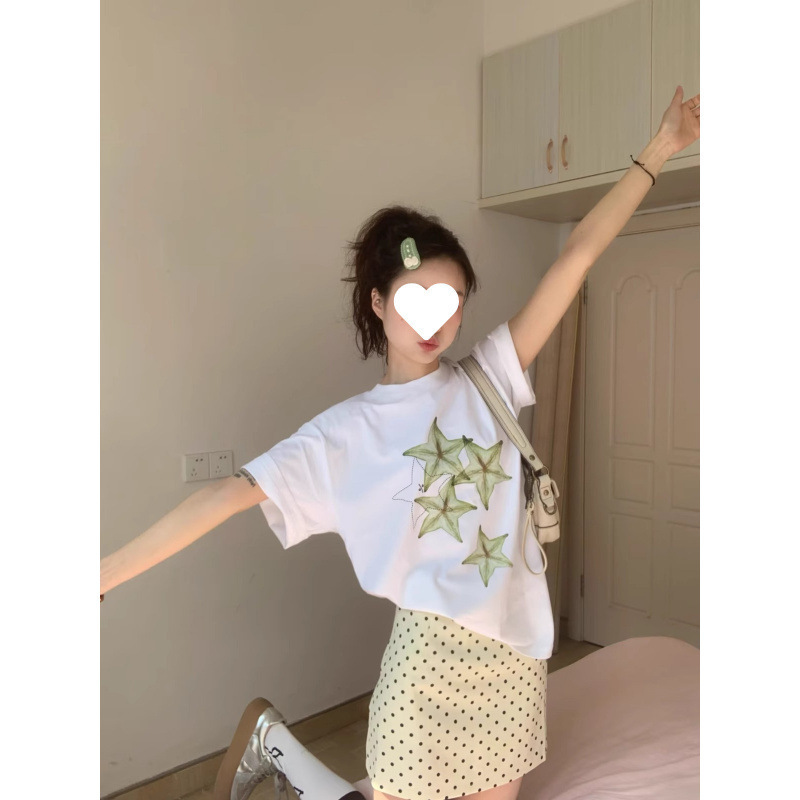 韓国ニッチホワイト半袖シャツ女性の夏楽しいタネギプリントルーズカジュアルヘビーウェイトコットントップ|undefined