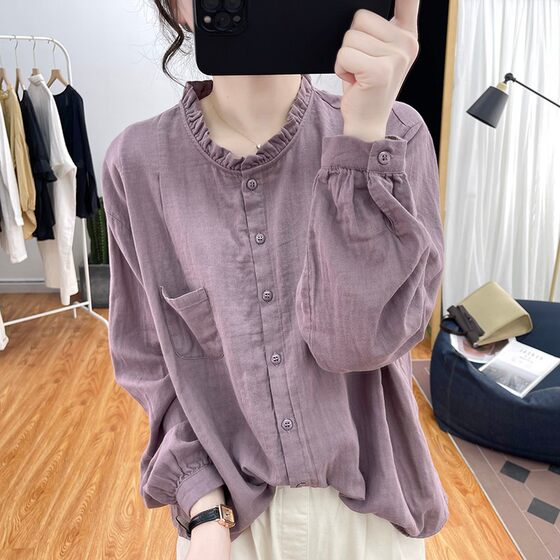 Long Sleeve Cotton Linen Shirt Women's 2024 Spring and Autumn Loose Age-reducing Top Retro Lotus Collar Base Shirt Shirt Outer Wear