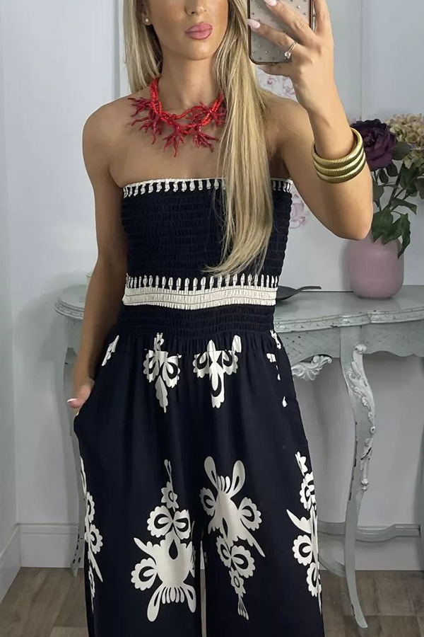 Street Hipster Wrapped Chest Printed Jumpsuit High Waist Casual Pants Women