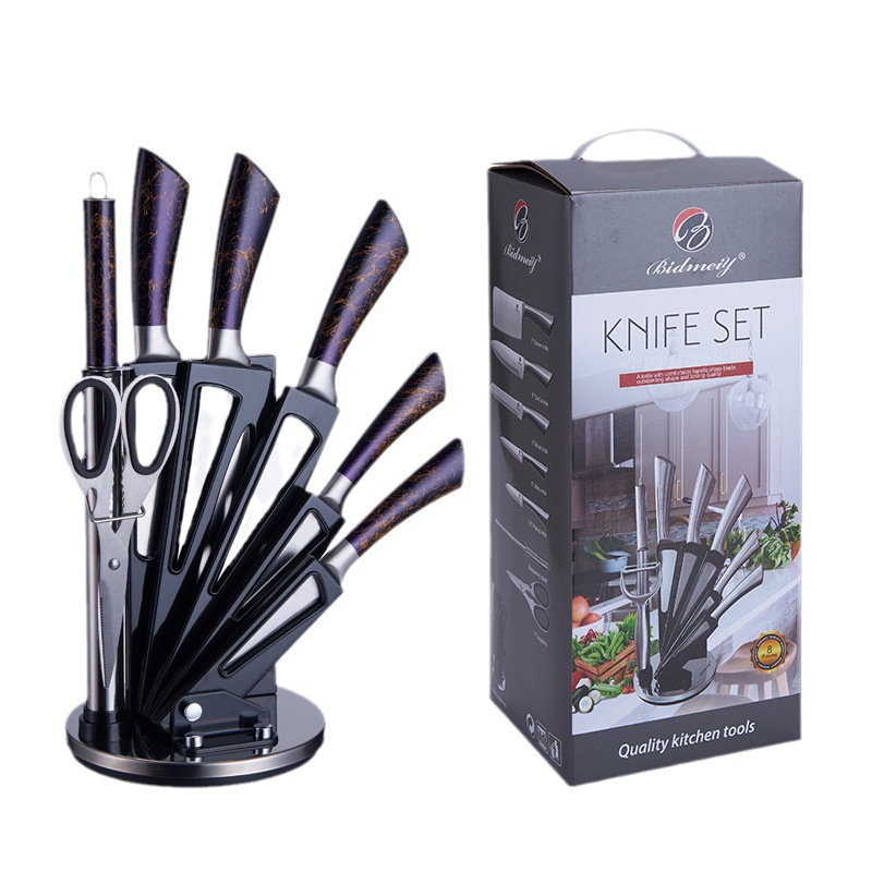 Cuchillo rotativo acrílico en stock cuchillo de regalo de mango hueco de ocho piezas cuchillo de acero inoxidable cuchillo de comercio exterior cuchillo doméstico