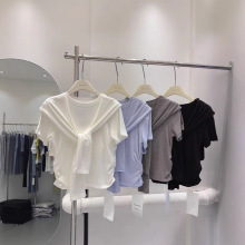 莫代尔设计感小众披肩假两件T恤女短袖上衣减龄纯色短款上衣批发