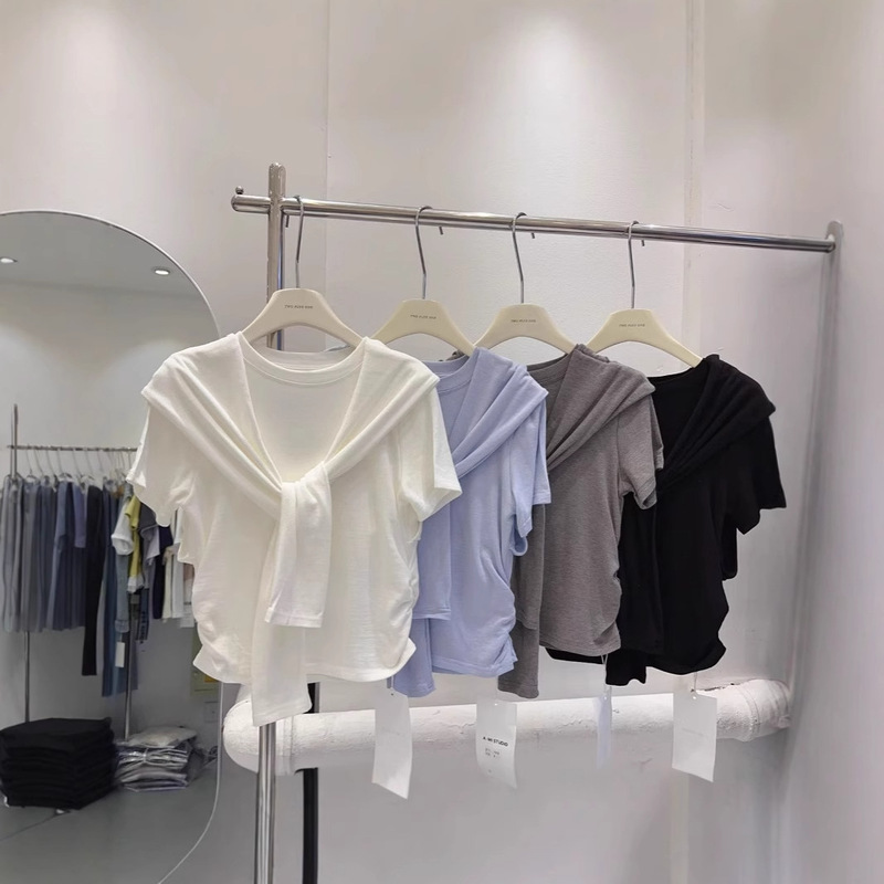 Modal Design Sense Niche Shawl Fake Two-piece T-shirt Women's Short Sleeve Top Age-reducing Solid Color Short Top Wholesale