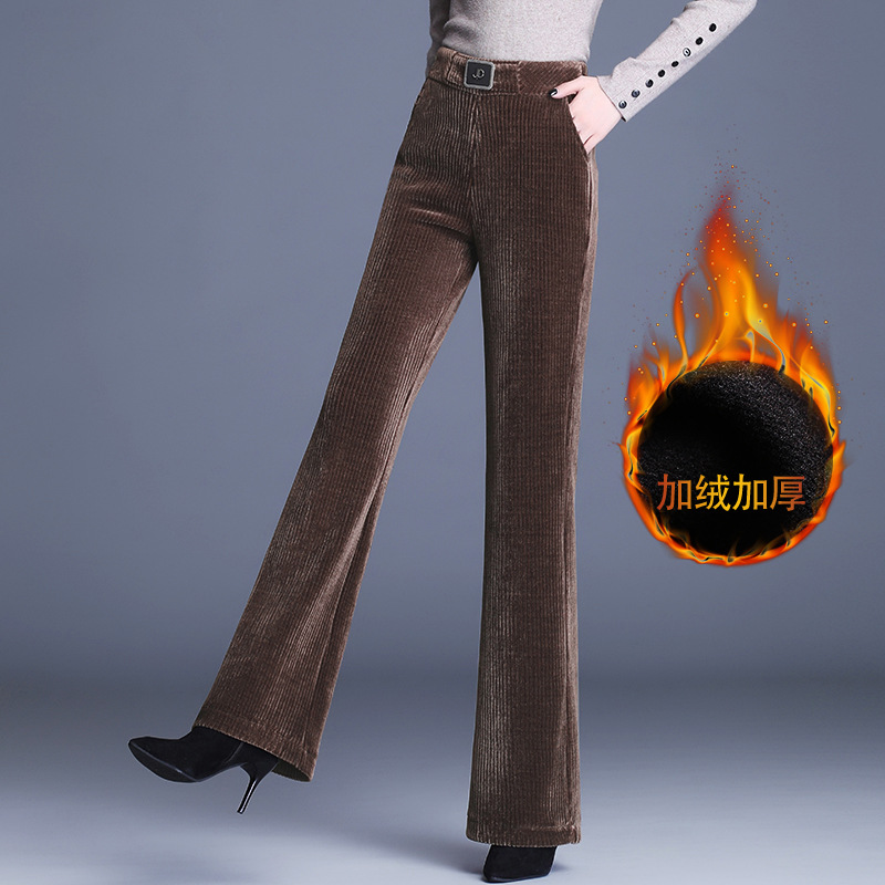 Chenille Fleece-Lined Women's Pants Thickeneded Micro-Flared Pants Autumn and Winter High-Waisted Wide-Leg Pants Corduroy Corduroy Brown Pants
