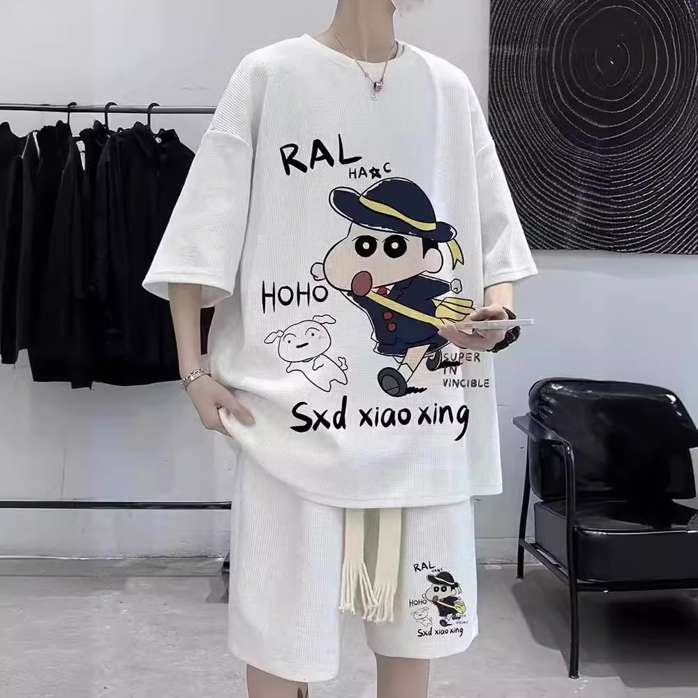 A set of matching loose suit waffle heavy half sleeve men's T-shirt summer Japanese fashion ins short sleeve T-shirt