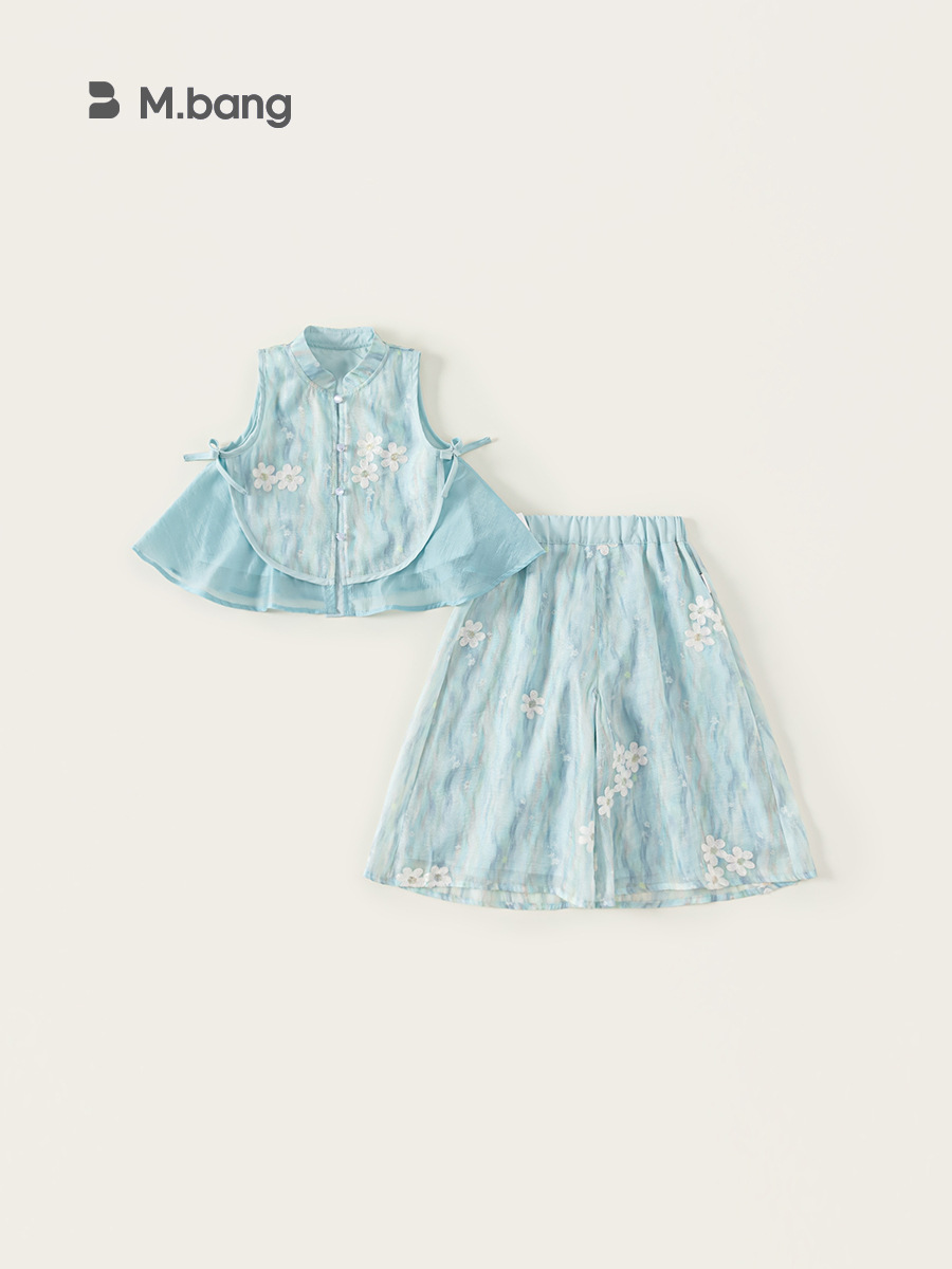 Youbao ropa para niños traje para niñas nuevo estilo chino hebilla bordado sin mangas top holgado pantalones anchos traje de dos piezas para niños