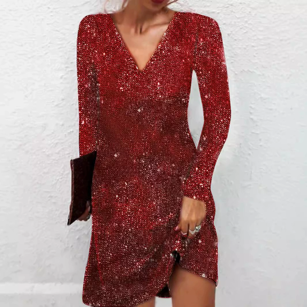Взрывная европейская и американская женская новая V-образная тенденция с блестками с длинными рукавами тонкое платье
