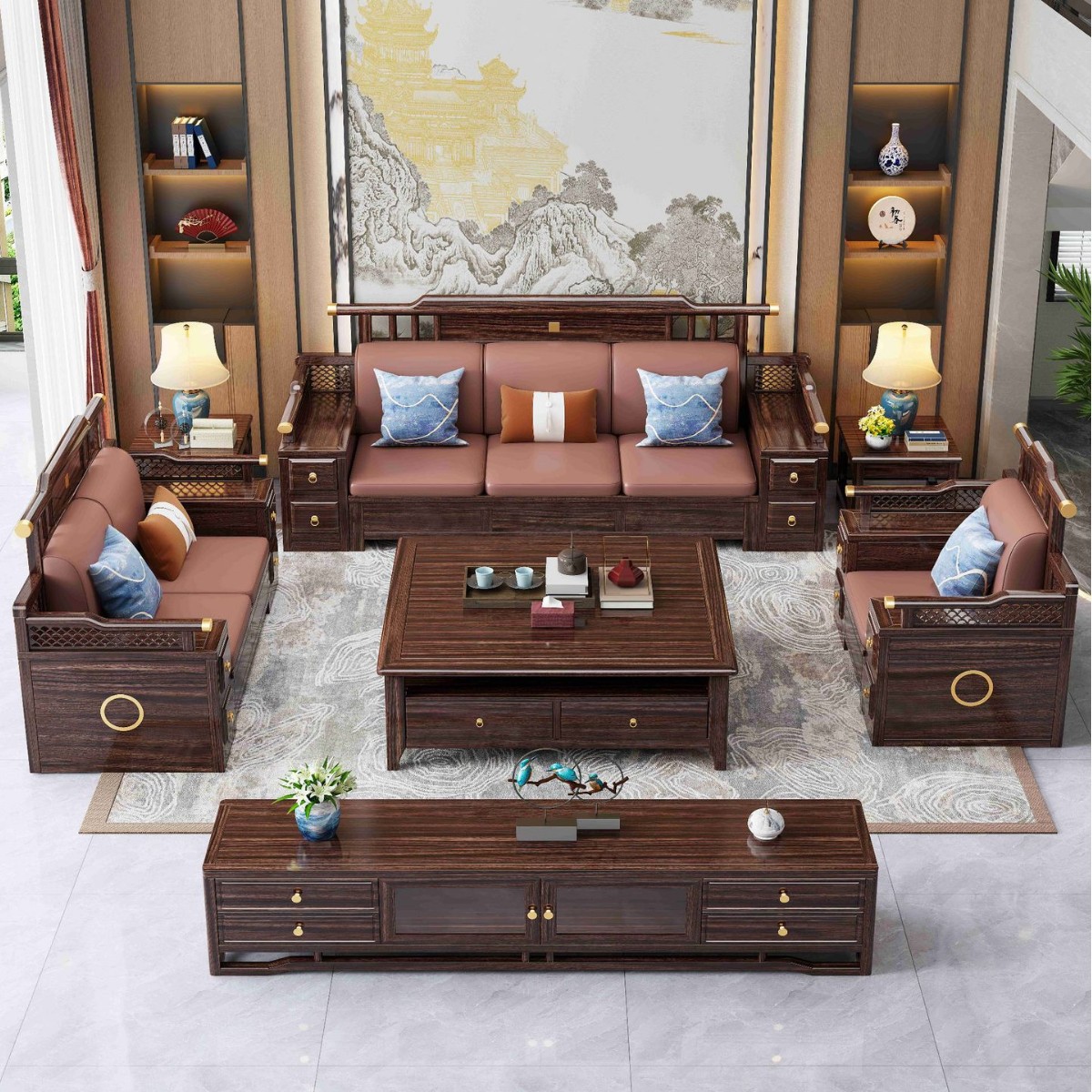 New Chinese Style Ebony Solid Wood Sofa Villa Living Room Furniture Winter and Summer Dual-Purpose Large and Small Chaise Storage Sofa